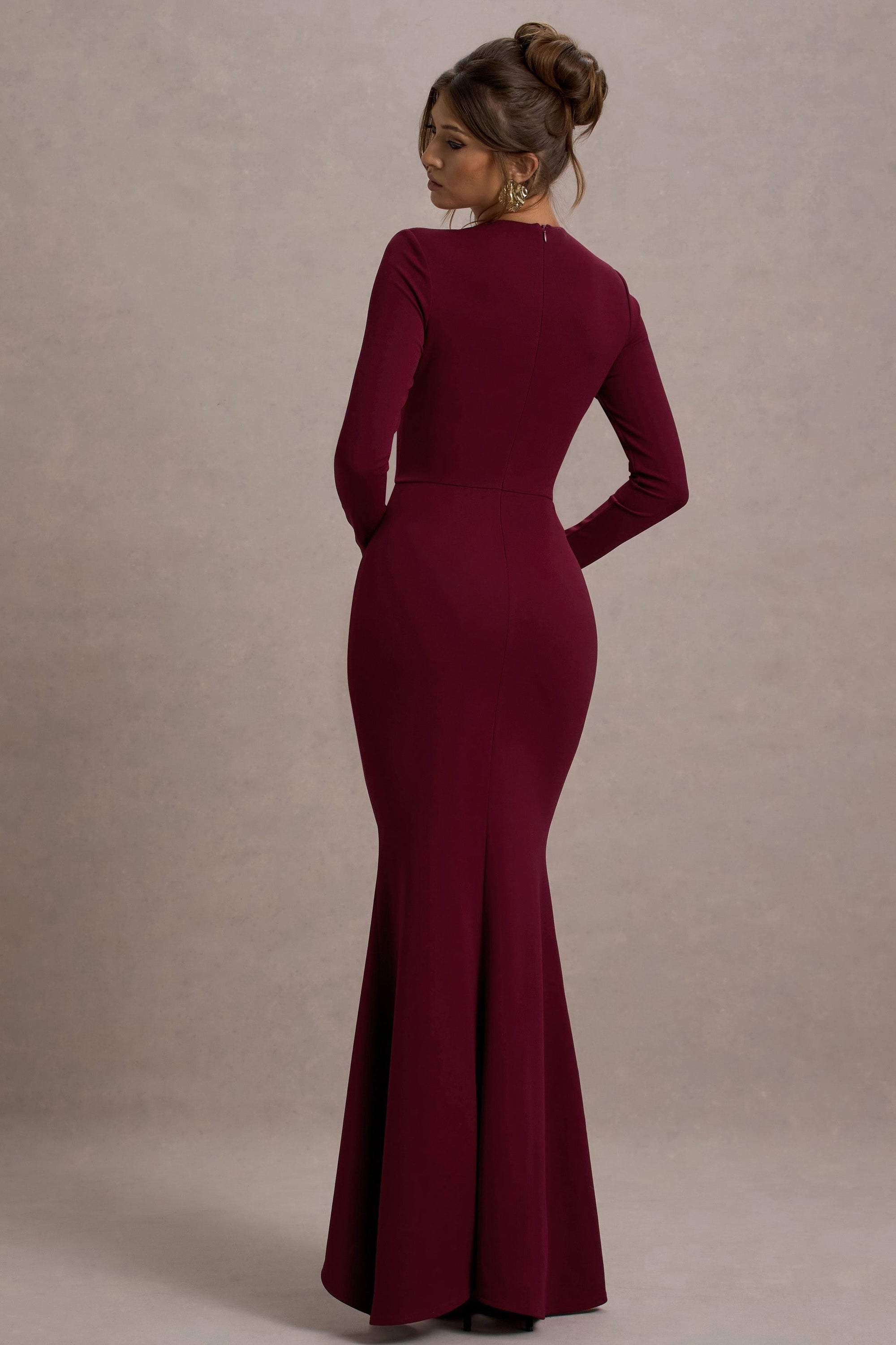 Alayna | Robe Longue à Manches Longues Rouge Cerise avec Fente Volantée