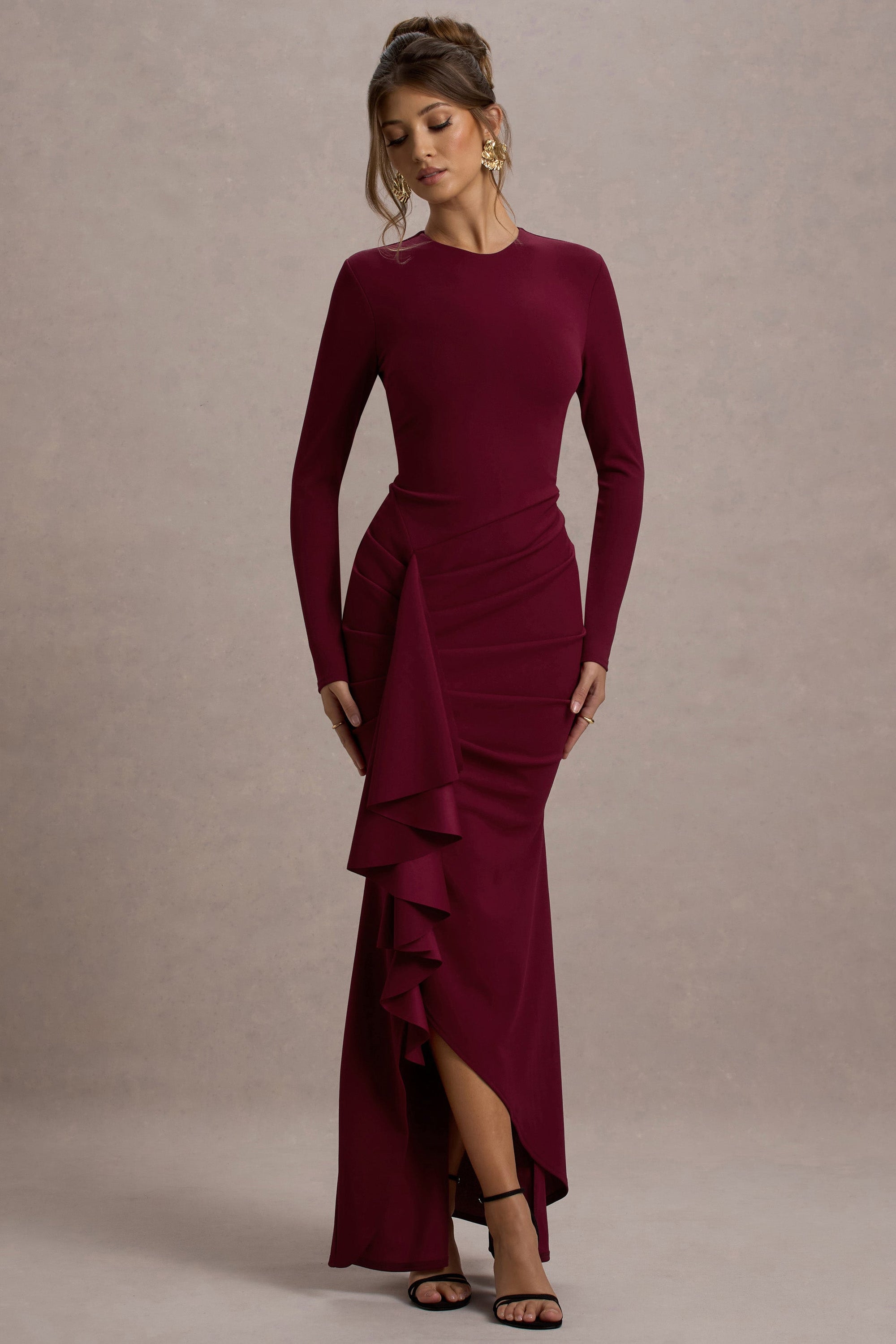 Alayna | Robe Longue à Manches Longues Rouge Cerise avec Fente Volantée