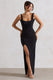 Kate | Robe longue noire à encolure carrée avec dos plongeant et fente sur la cuisse
