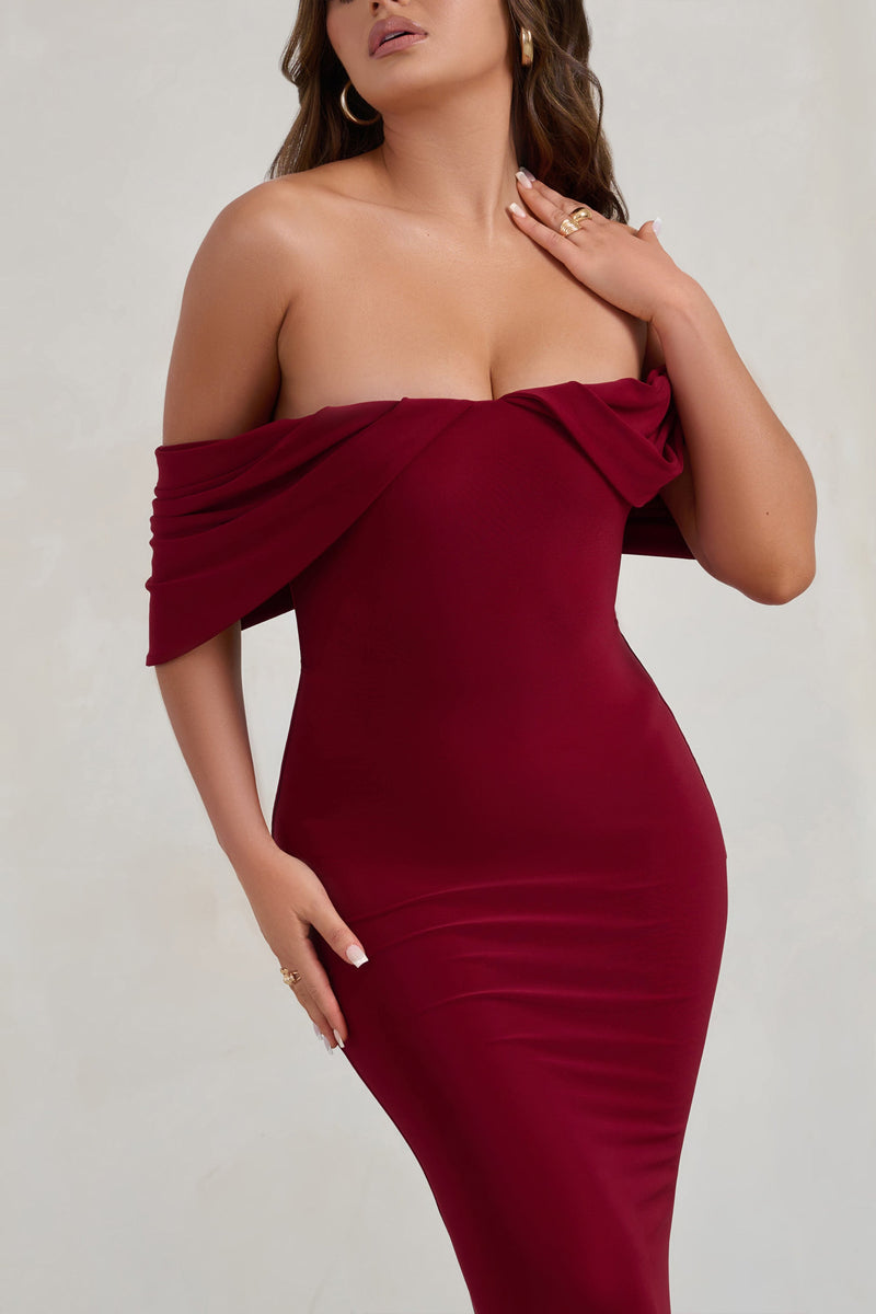 Gabrielle Robe Longue Rouge Baie Encolure Bardot Et Manches Drap e gabrielle-robe-longue-rouge-baie-encolure-bardot-et-manches-drap-e
