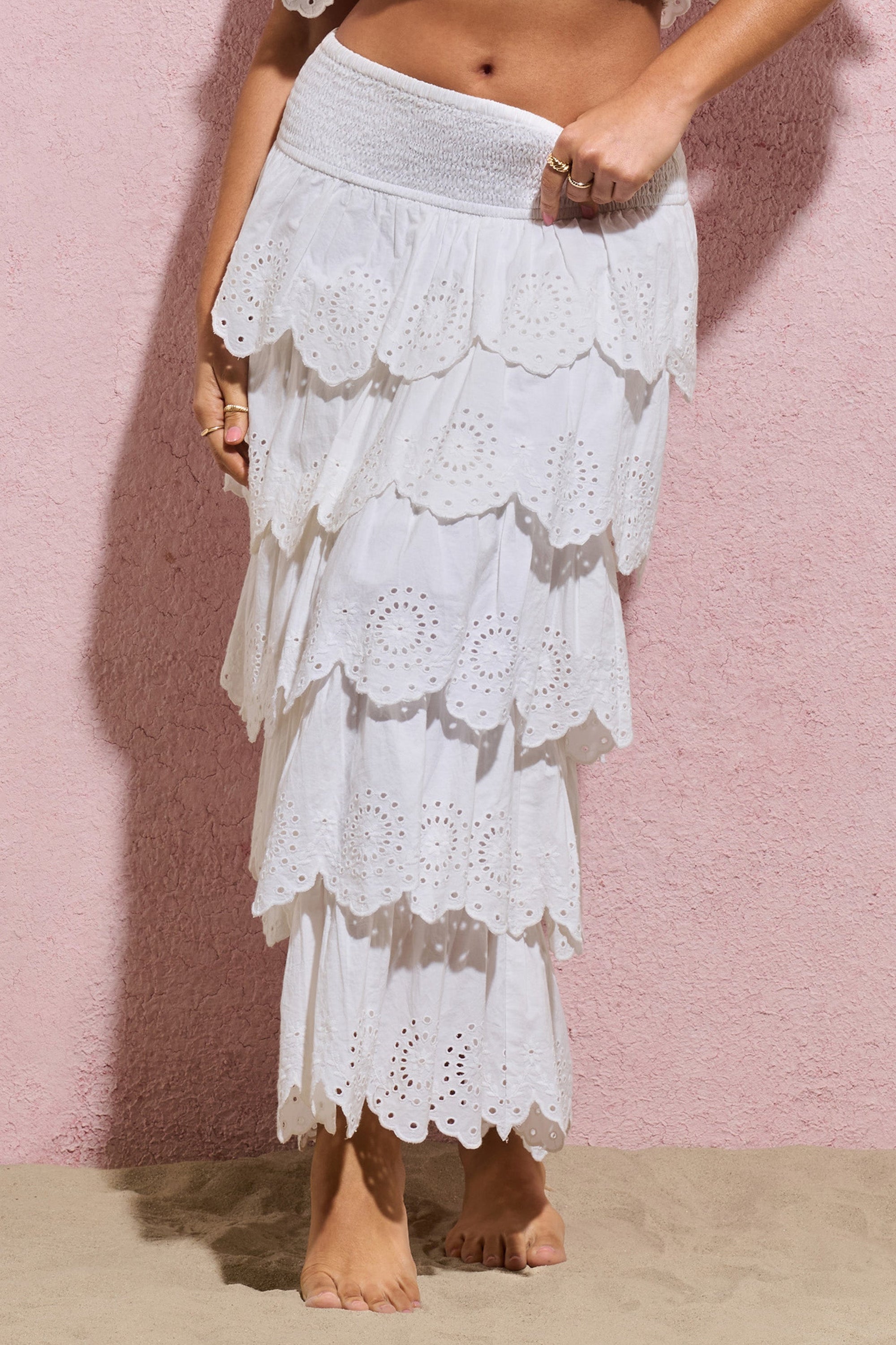 Vista | Jupe longue en broderie blanche et froncée