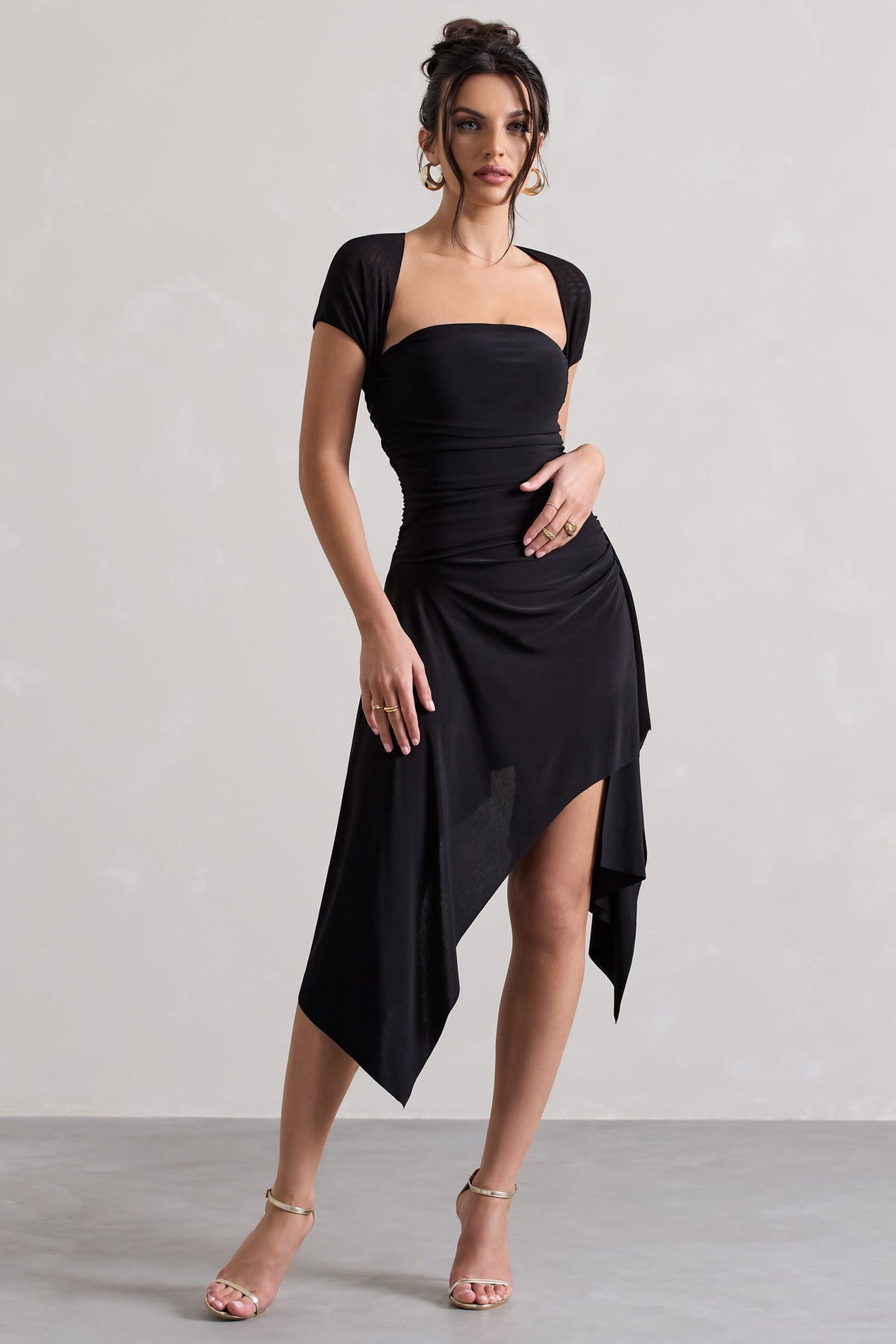 Corsica | Mini-robe noire drapée à manches longues en mesh froncé