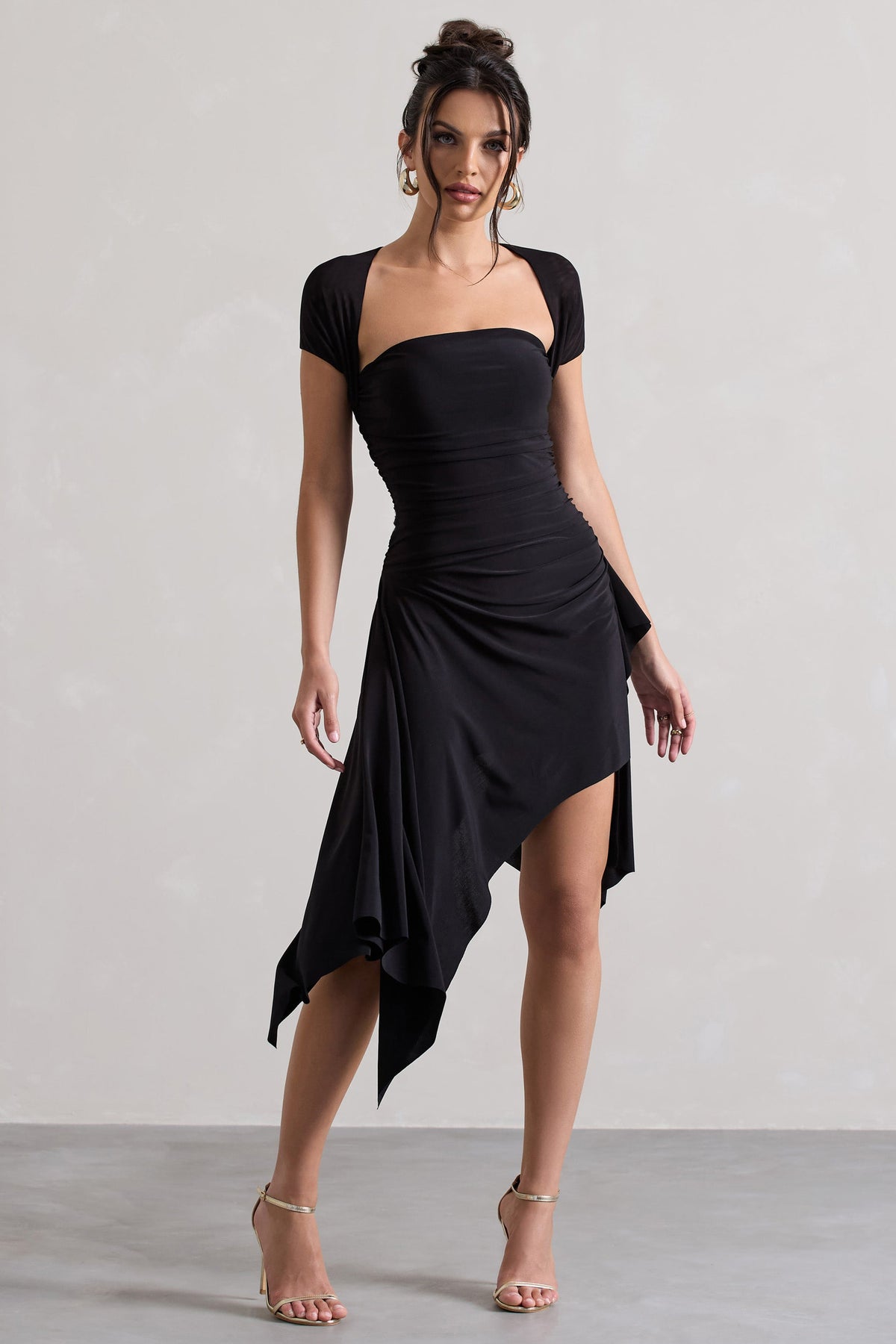 Corsica | Mini-robe noire drapée à manches longues en mesh froncé