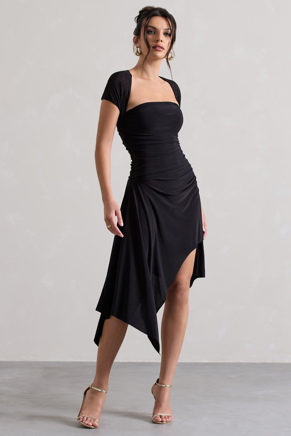 Corsica | Mini-robe noire drapée à manches longues en mesh froncé