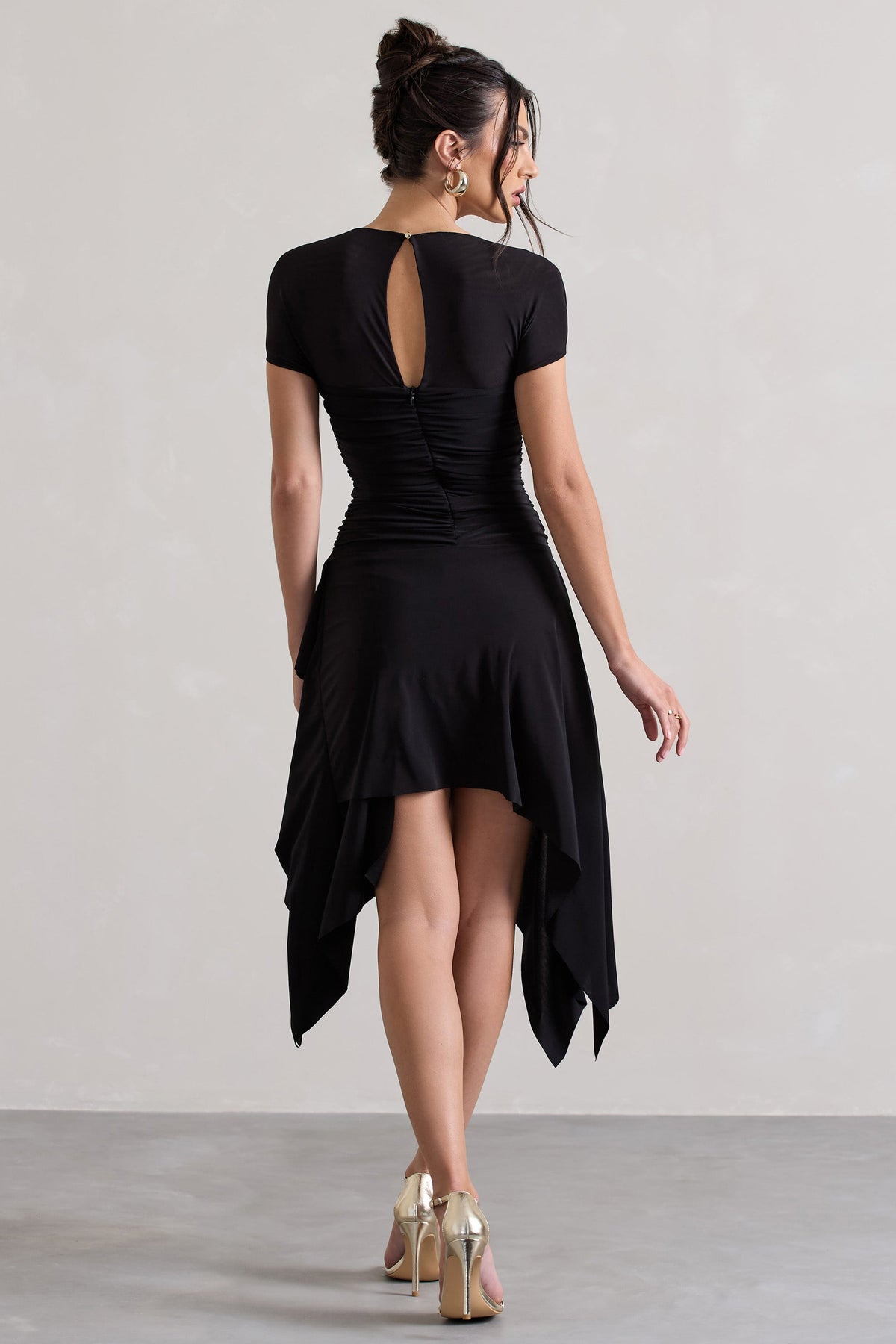 Corsica | Mini-robe noire drapée à manches longues en mesh froncé