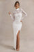 Arden | Robe longue blanche à col haut avec fente et manches en dentelle