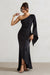 Salem | Robe longue noire à manche cape asymétrique avec jupe en satin