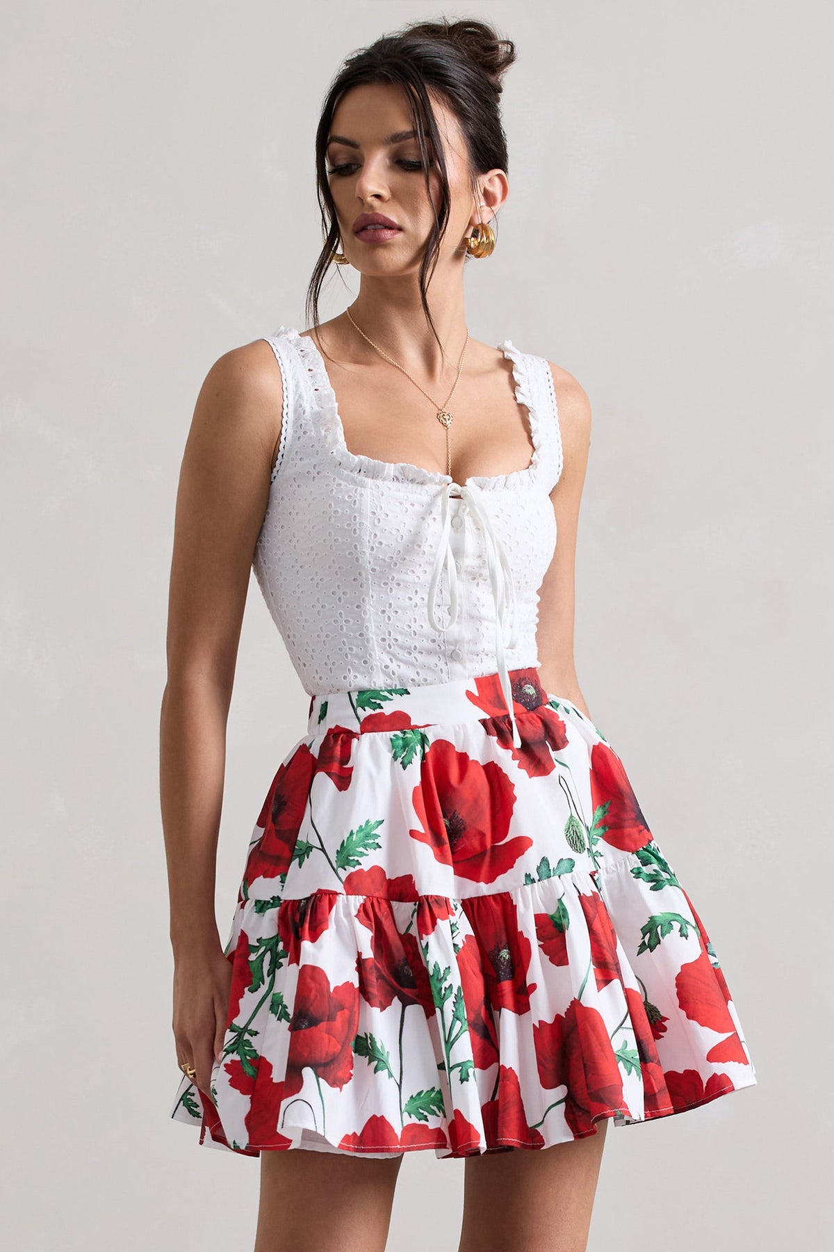 Lecce | Top style corset à boutons en broderie blanche avec détails en dentelle