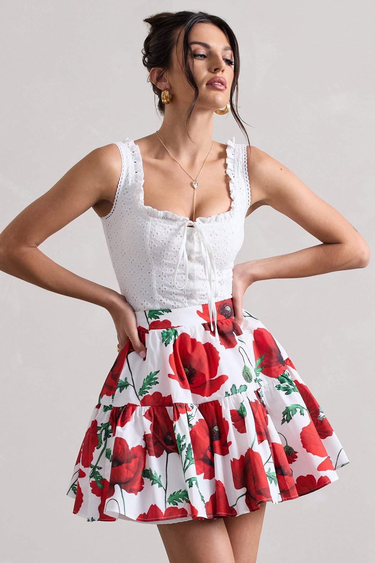 Lecce | Top style corset à boutons en broderie blanche avec détails en dentelle