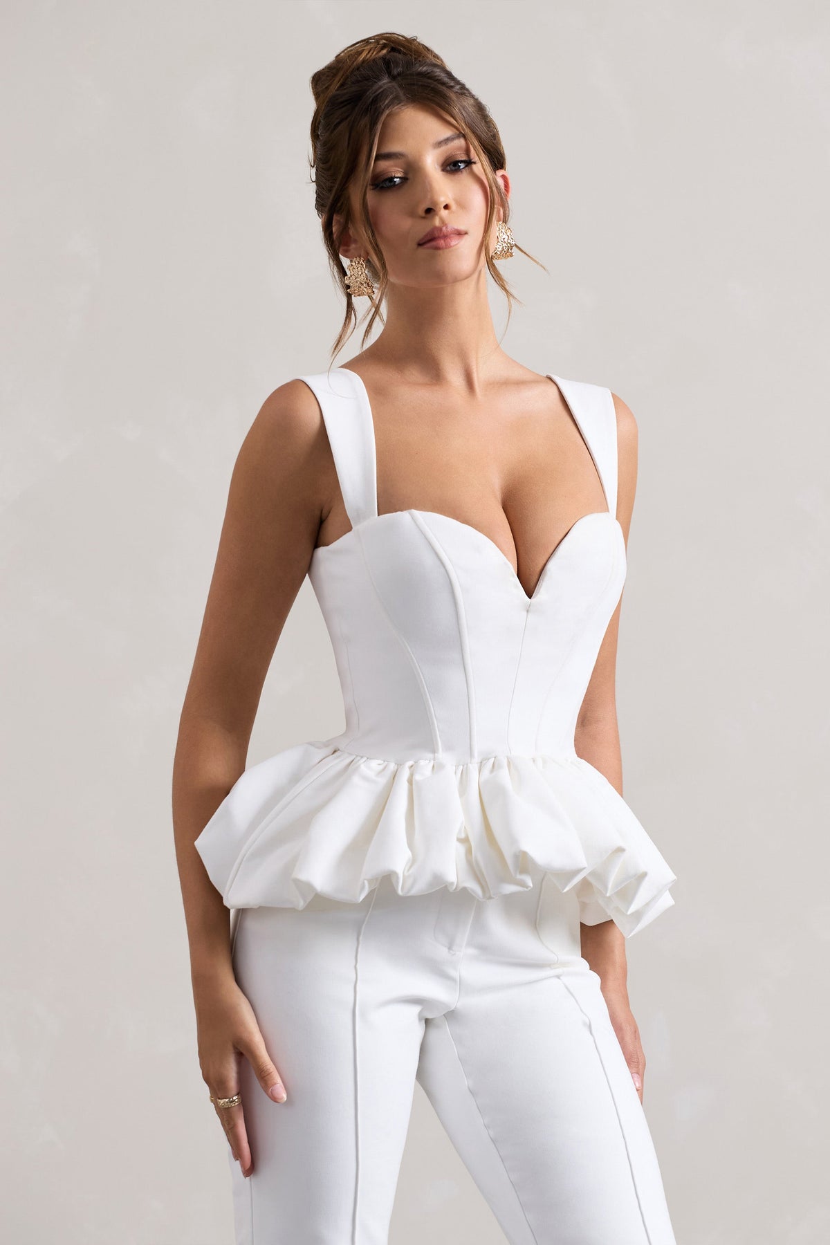 Jadia | Haut corset blanc avec décolleté en cœur et ourlet bouffant