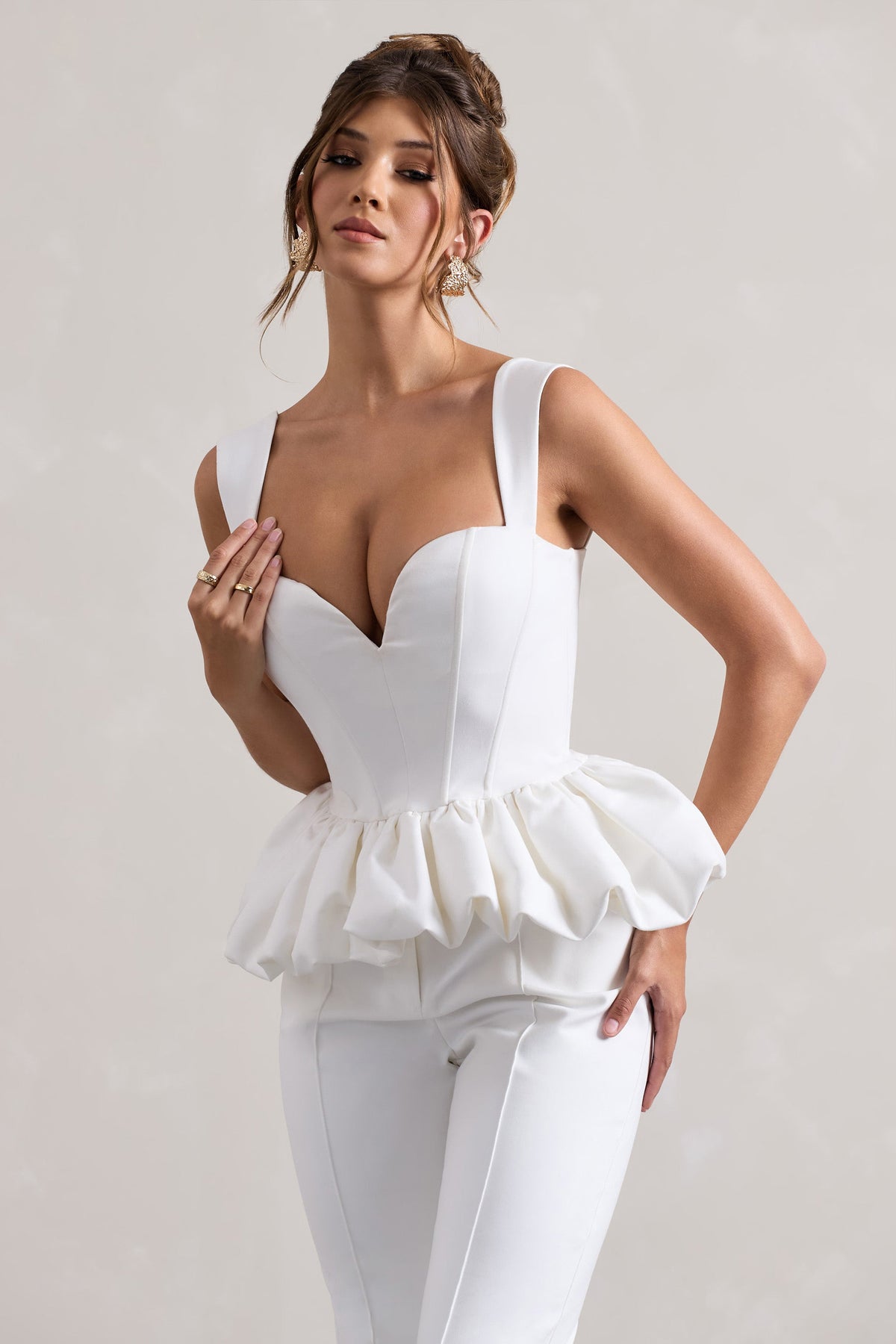 Jadia | Haut corset blanc avec décolleté en cœur et ourlet bouffant