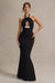 Raelynn | Robe longue noire à col halter avec découpe et nœud