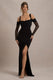 Milana | Robe longue noire à encolure carrée drapée avec manches longues et jupe portefeuille