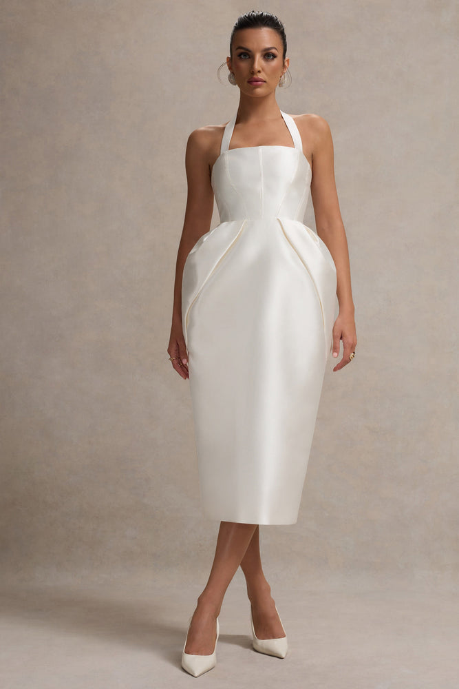 Cosetta – Robe Mi-Longue Blanche à Col Halter avec Jupe Tulipe Robes de mariée courtes The Wedding Explorer