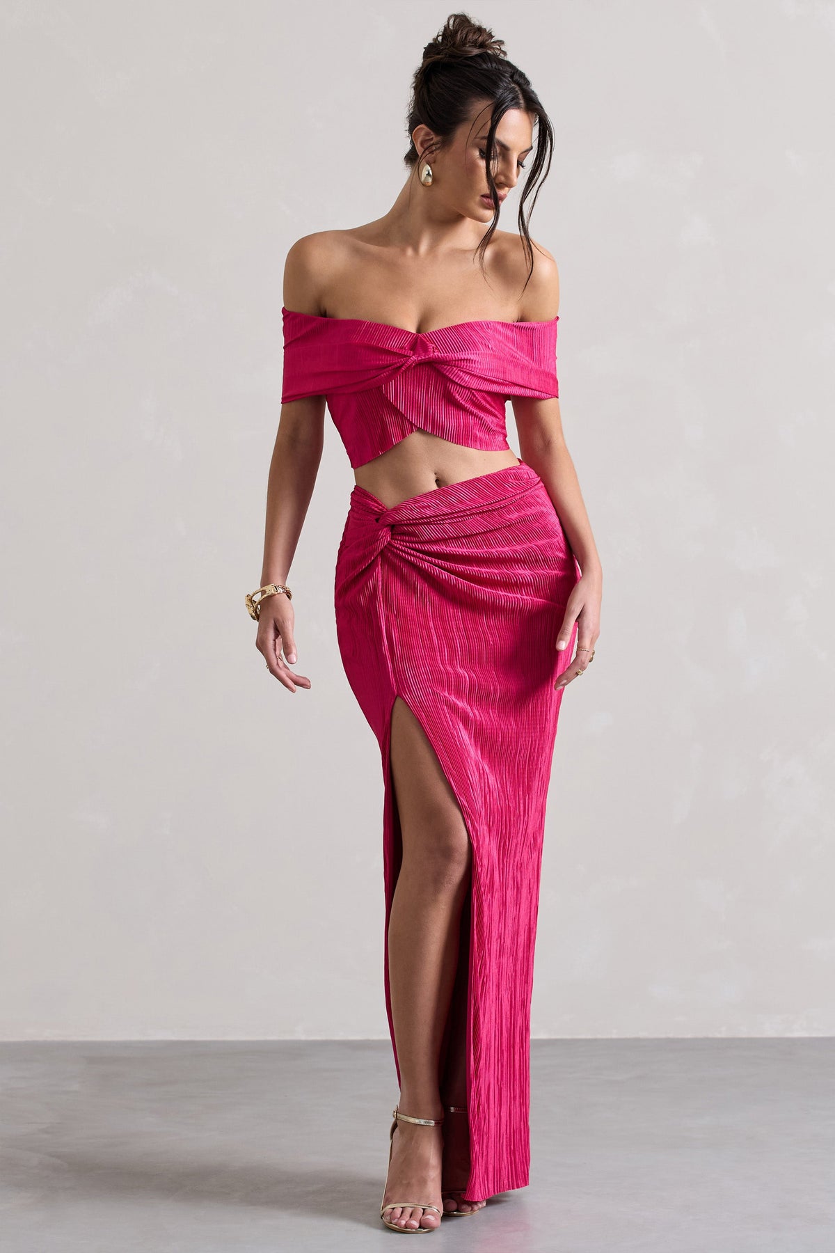 Calida | Jupe longue plissée à fente et nœud rose fuchsia