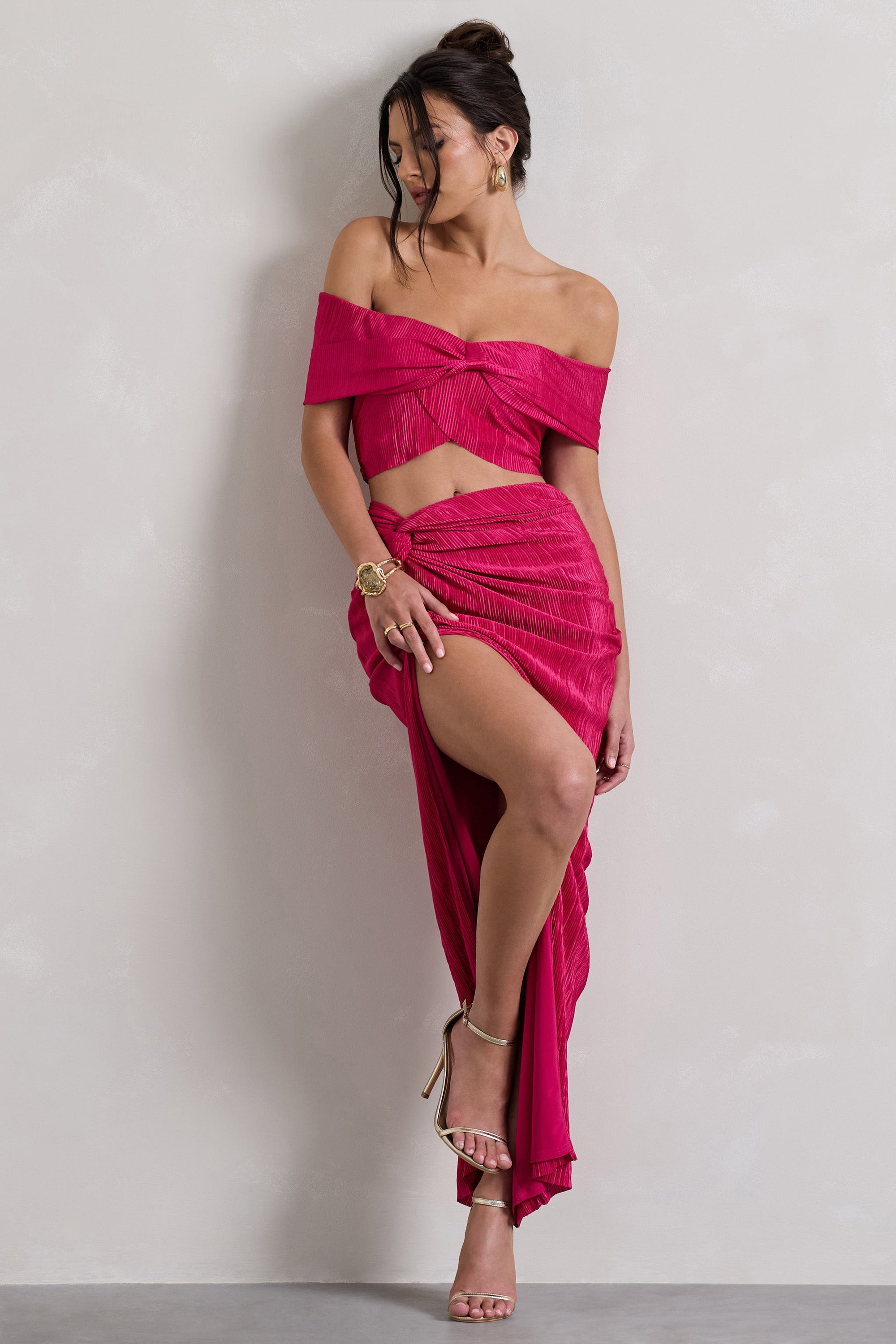 Calida | Jupe longue plissée à fente et nœud rose fuchsia
