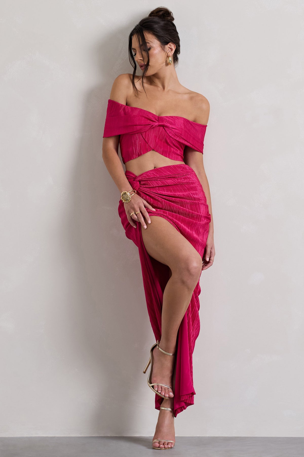 Calida | Jupe longue plissée à fente et nœud rose fuchsia