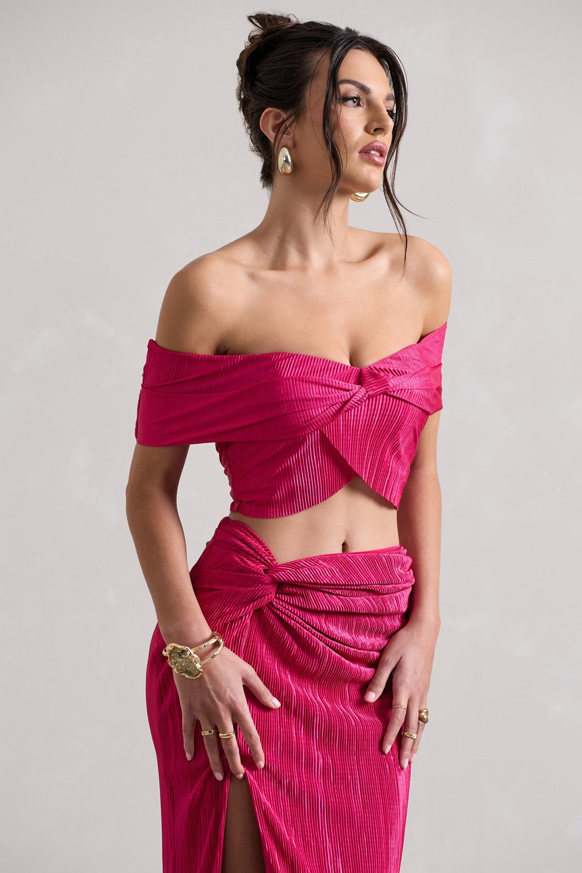 Seara | Crop top bardot torsadé en plissé rose fuchsia
