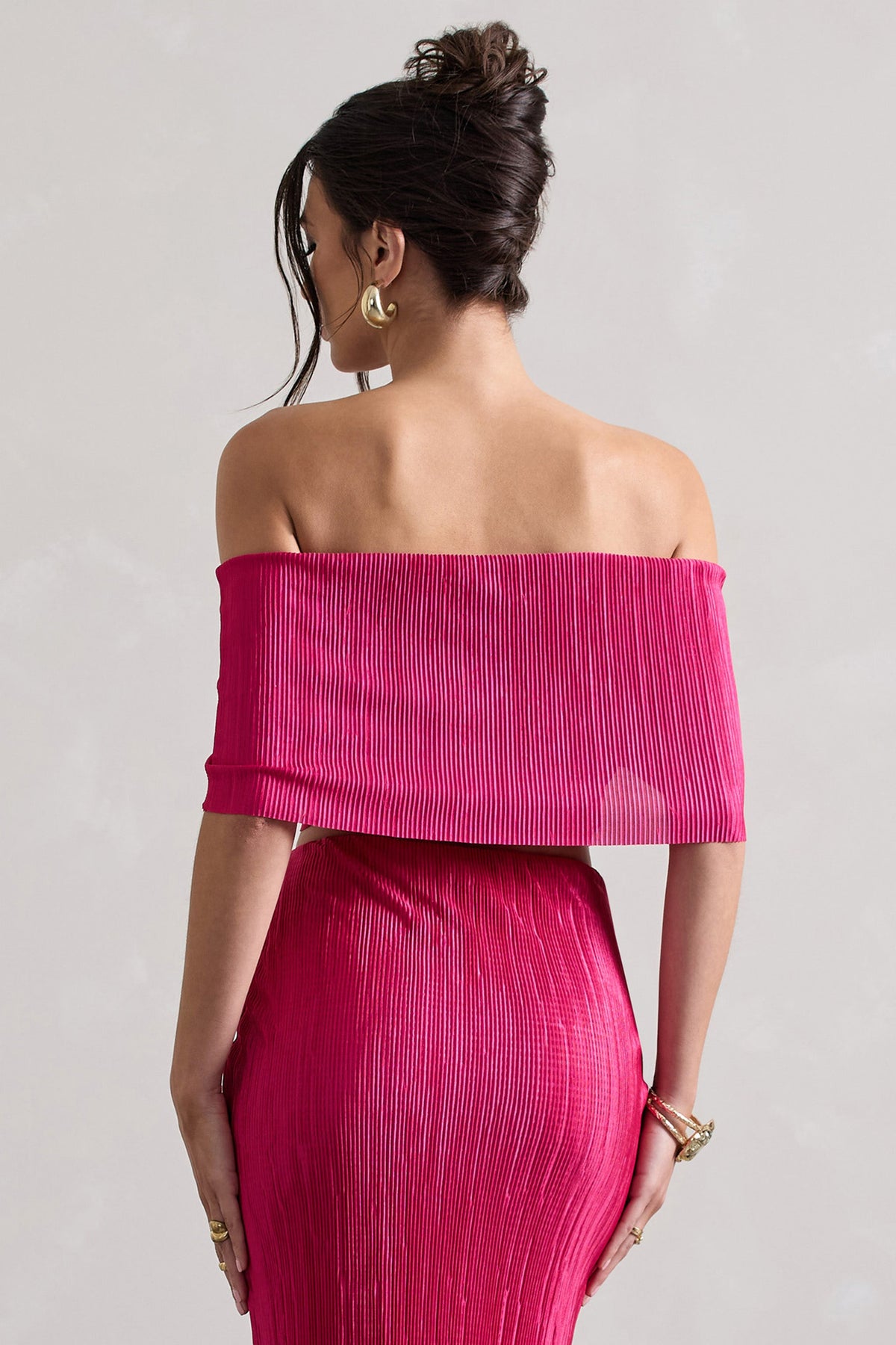 Seara | Crop top bardot torsadé en plissé rose fuchsia