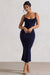 Addison | Robe mi-longue bleu marine à col bénitier et dos ouvert avec dentelle