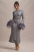 North Star | Robe mi-longue à manches longues en sequins argentés avec poignets en plumes