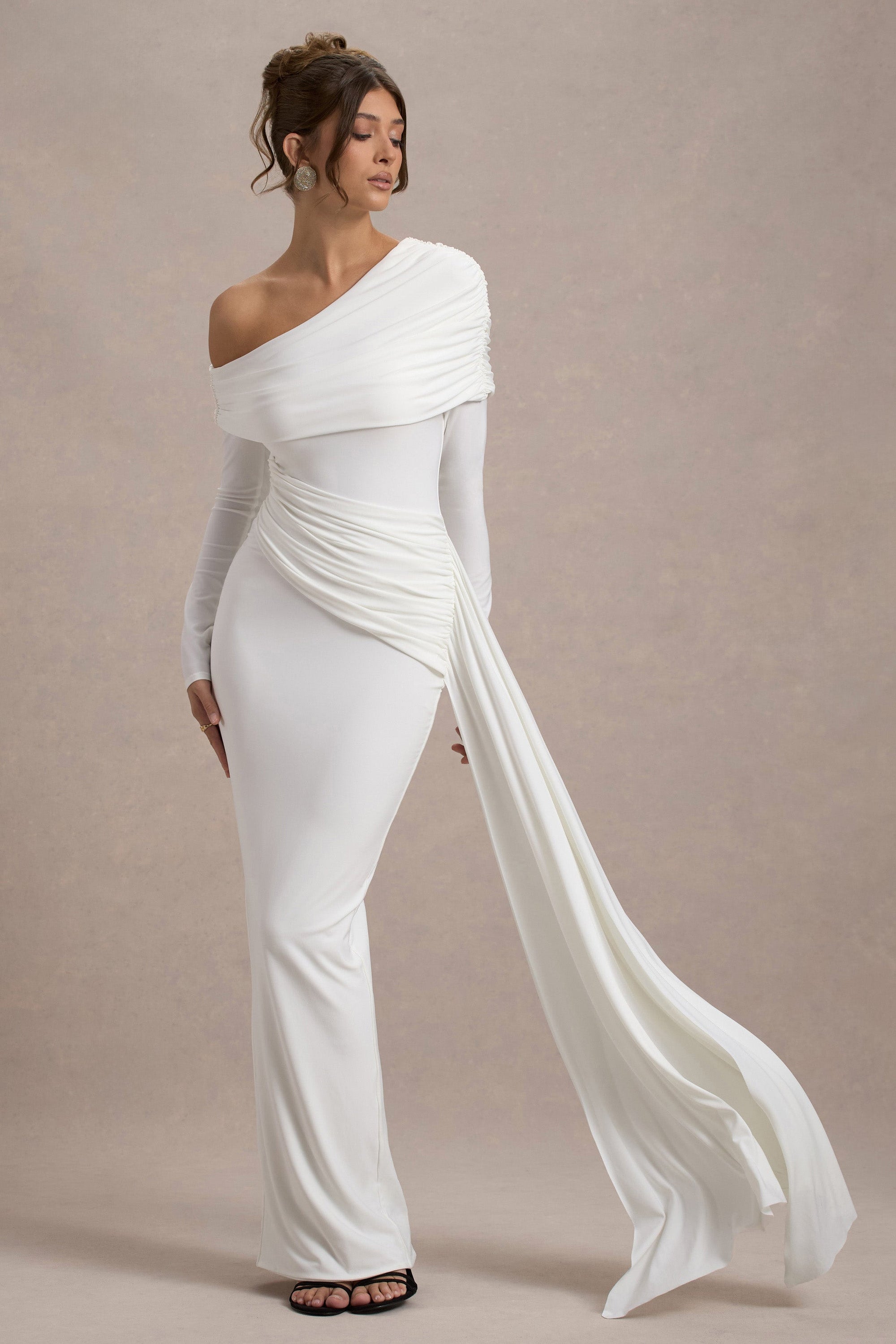 Valina | Robe longue asymétrique blanche froncée avec drapé