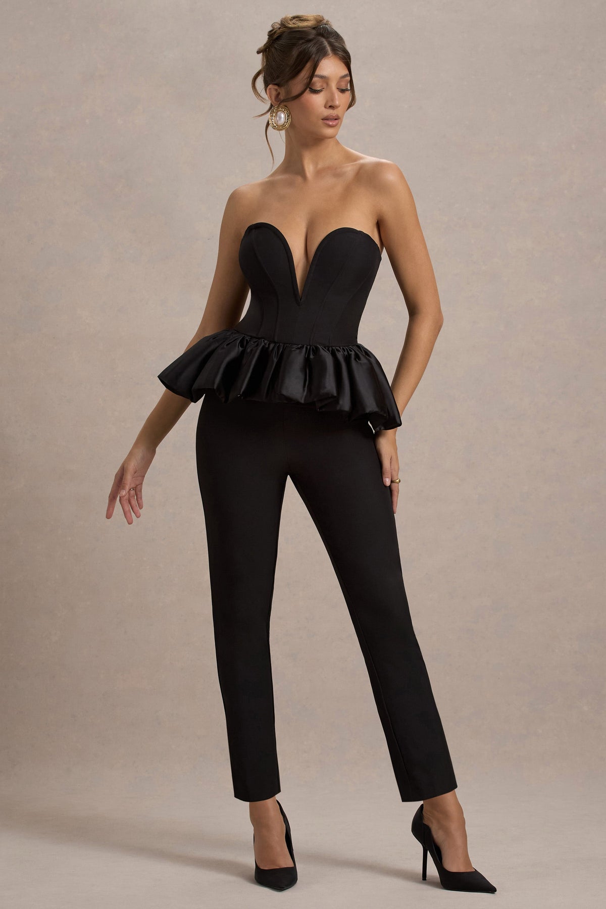 Idaho | Combinaison bustier noire avec basque en satin