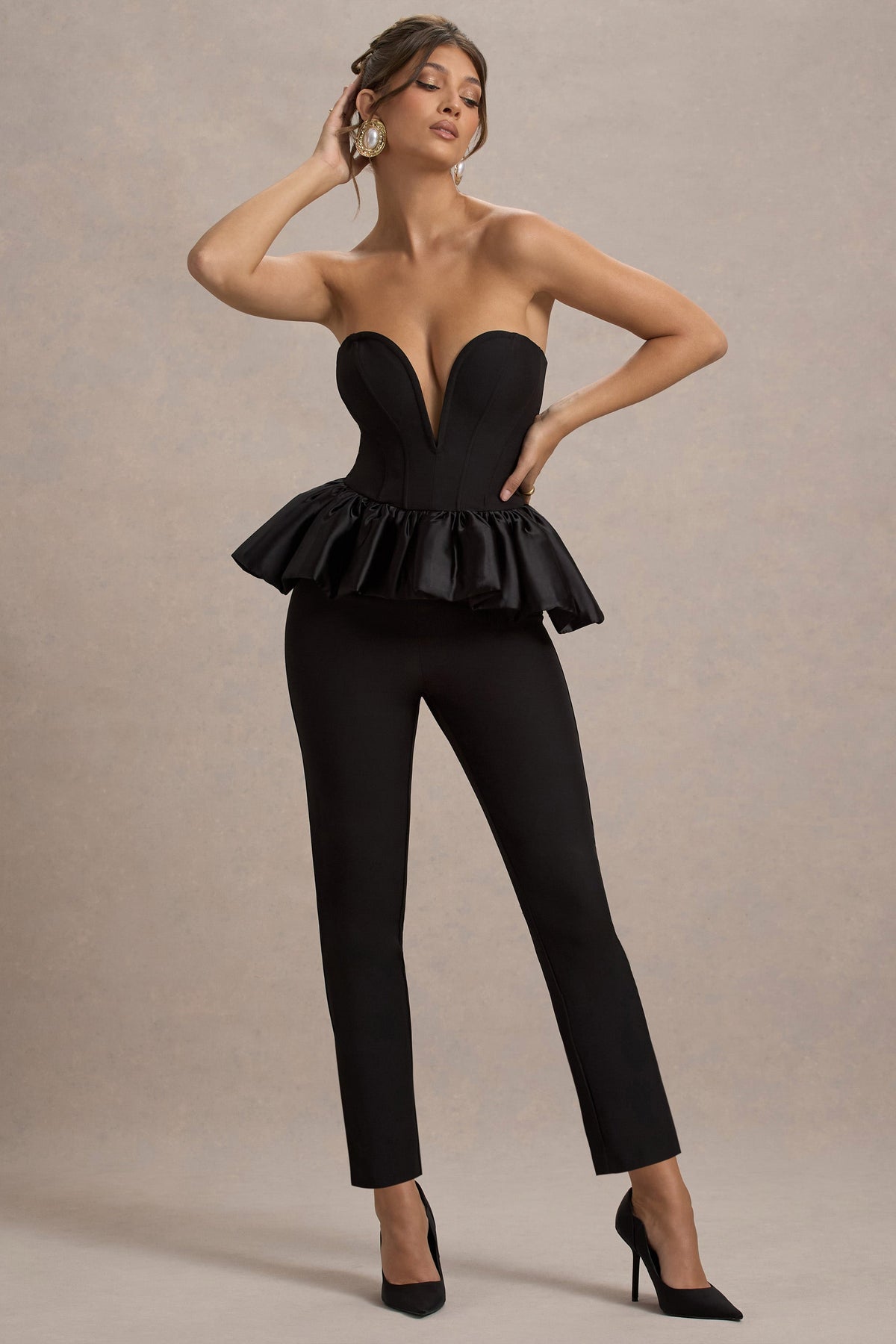 Idaho | Combinaison bustier noire avec basque en satin
