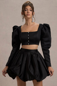 Eloisa | Veste courte en satin noir à manches bouffantes