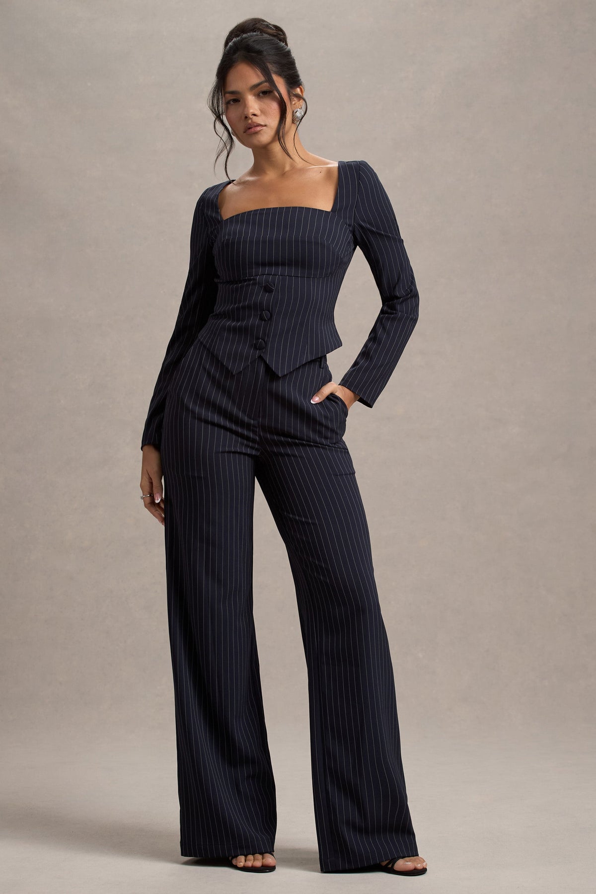 New York | Pantalon large à rayures bleu marine ajusté