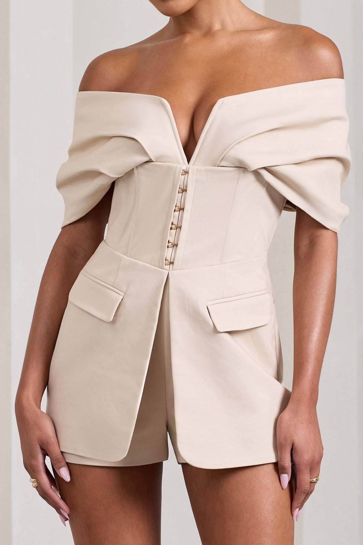Damsel | Combishort Bardot corset en coton mélangé couleur champagne