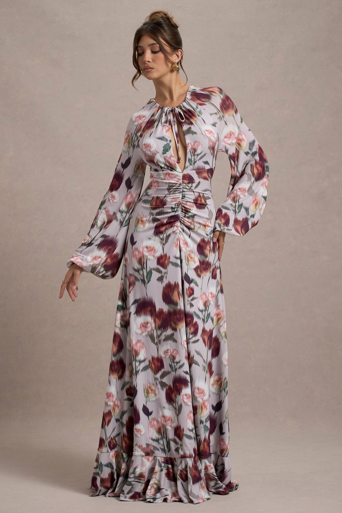Althena | Robe longue à imprimé floral crème avec manches ballon