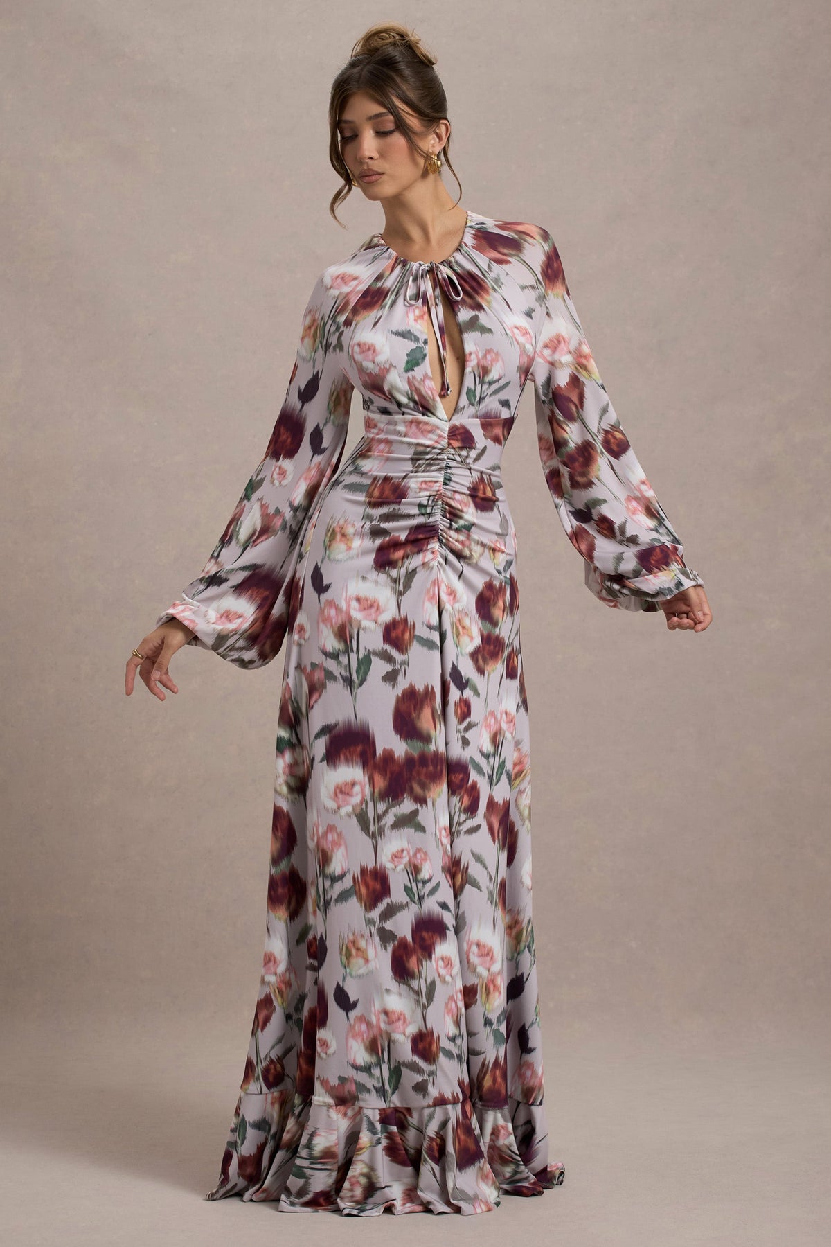 Althena | Robe longue à imprimé floral crème avec manches ballon
