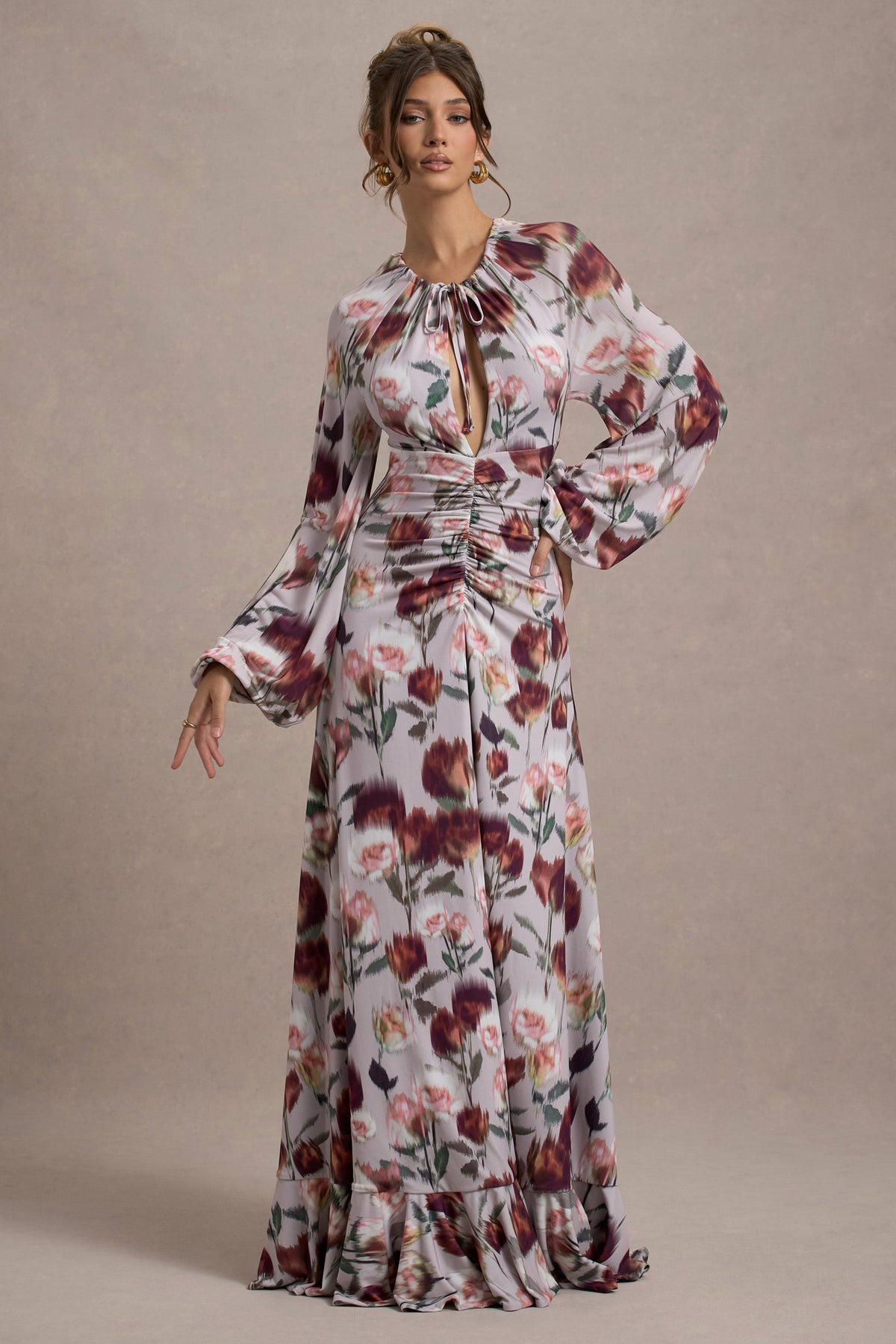 Althena | Robe longue à imprimé floral crème avec manches ballon