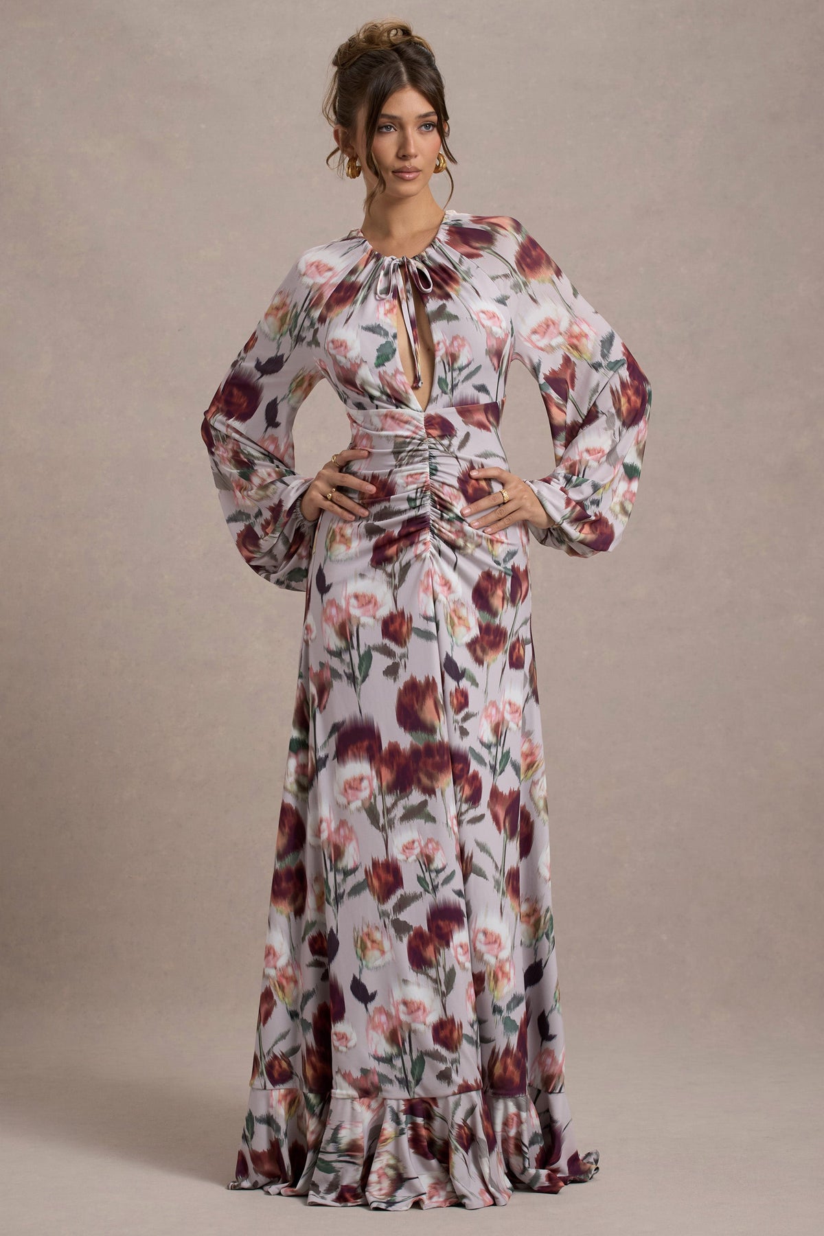 Althena | Robe longue à imprimé floral crème avec manches ballon