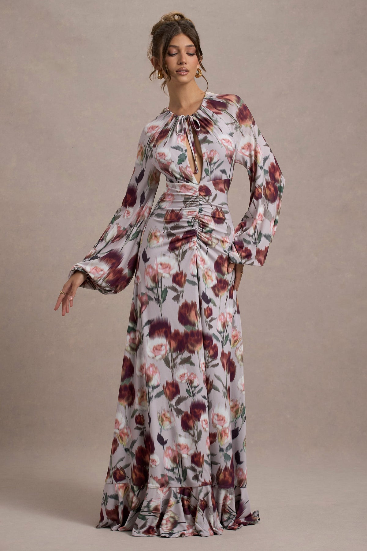 Althena | Robe longue à imprimé floral crème avec manches ballon