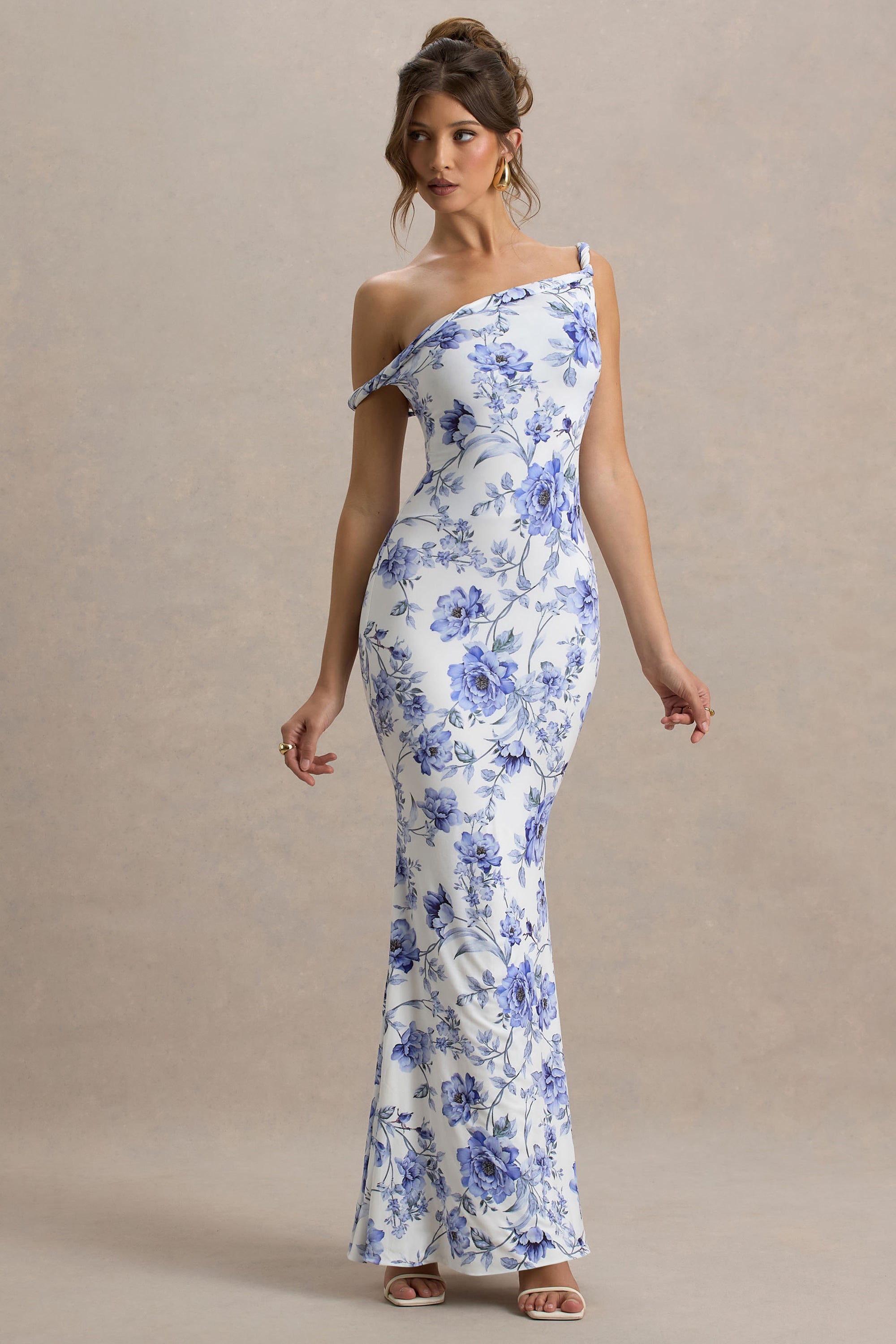 Lita | Robe longue asymétrique torsadée à imprimé floral bleu