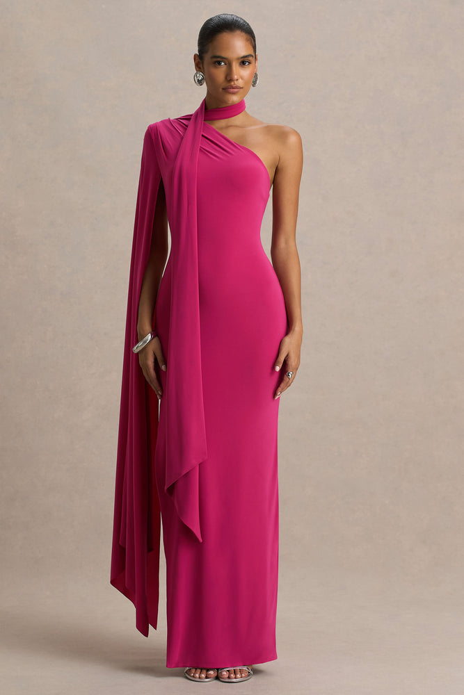 Amal | Robe longue rose vif à encolure asymétrique avec détail écharpe et manche cape