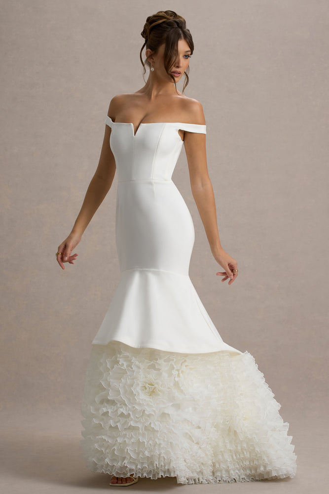 The Greatest – Robe Maxi Bardot Blanche et Crème avec Jupe en Tulle Robes de mariée The Wedding Explorer