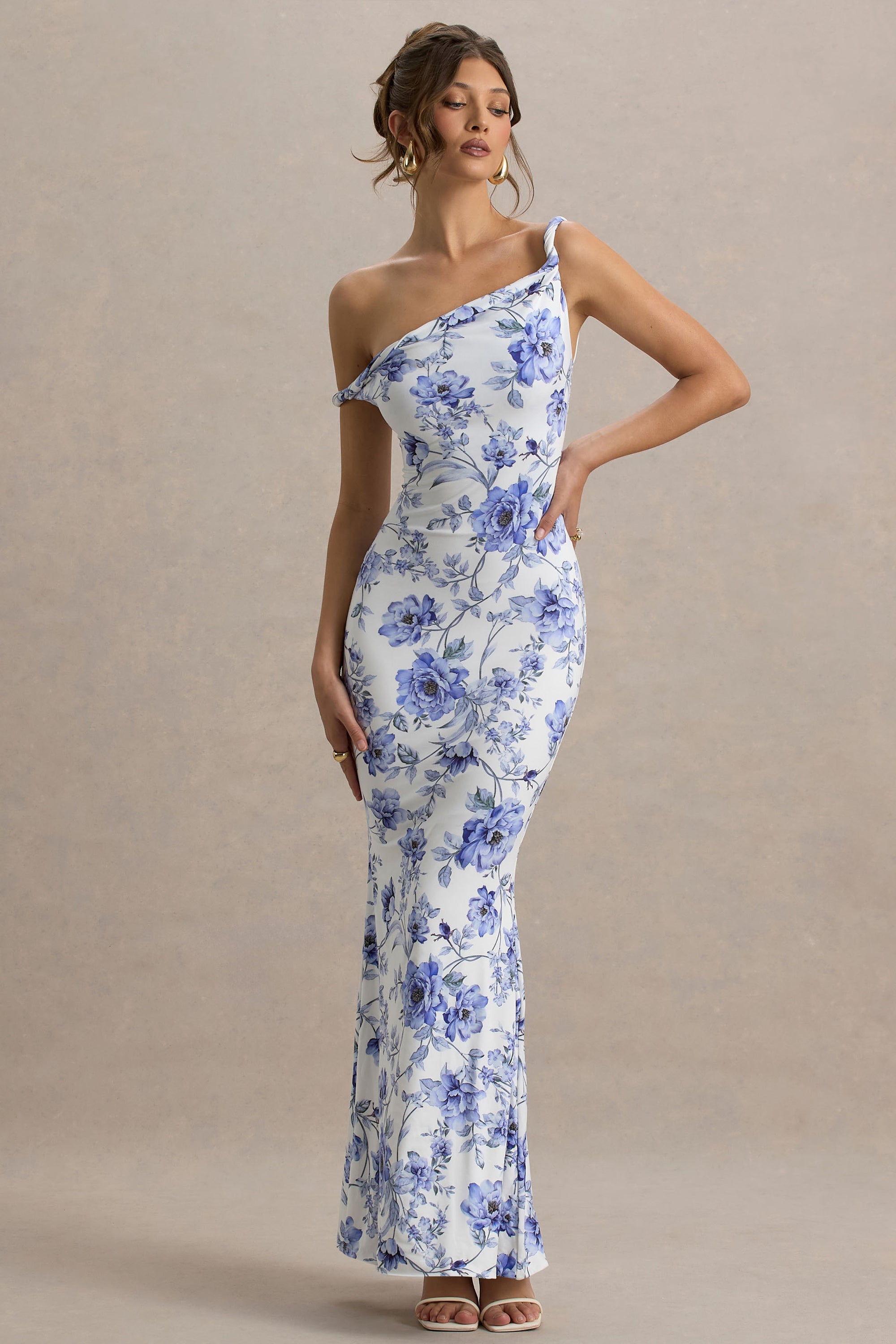Lita | Robe longue asymétrique torsadée à imprimé floral bleu