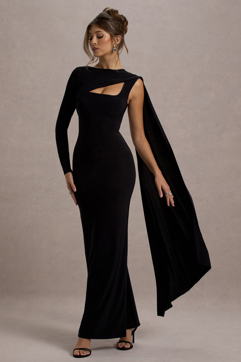 Ashini Robe noire longue à une manche avec cape – Club L London - FR