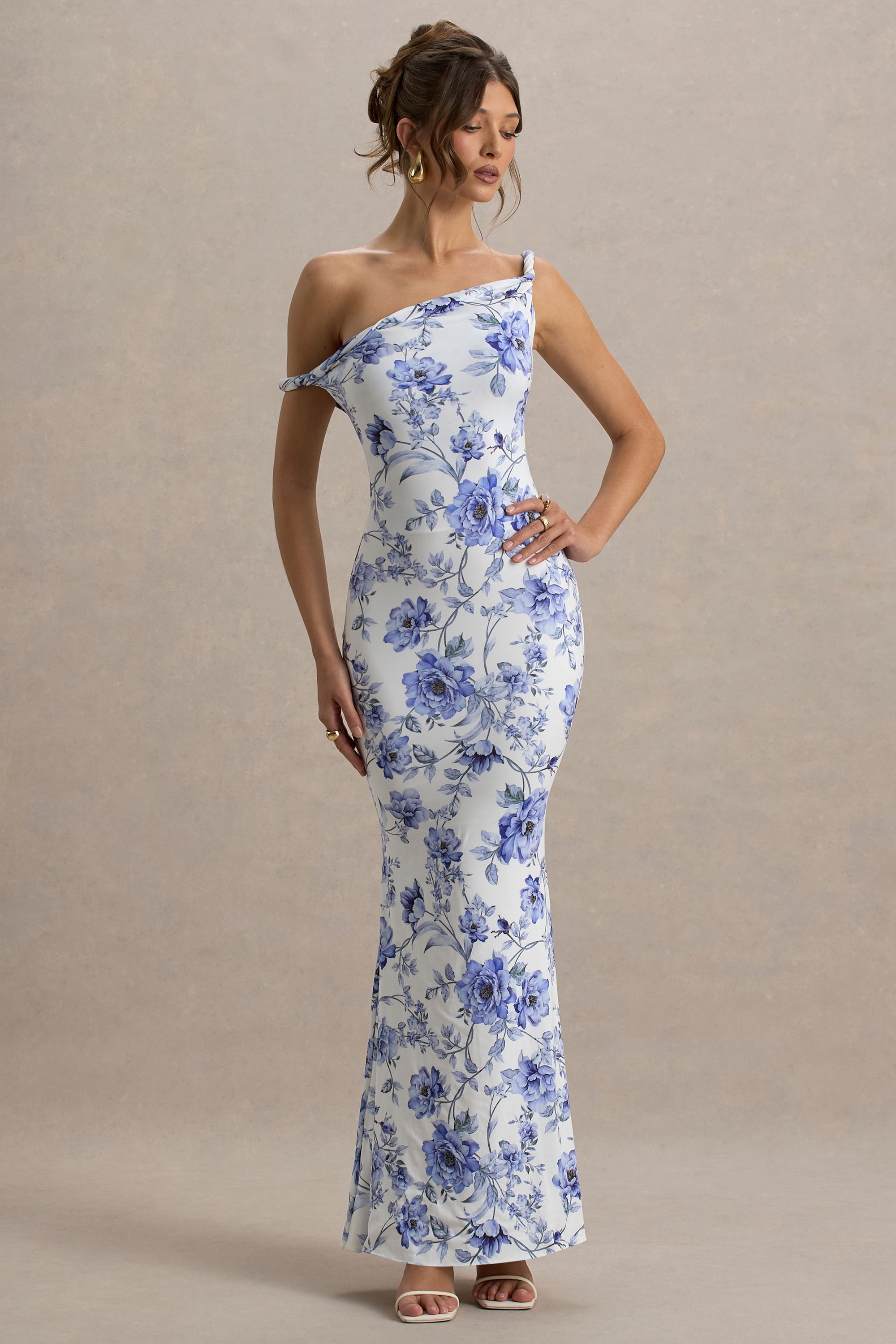 Lita | Robe longue asymétrique torsadée à imprimé floral bleu
