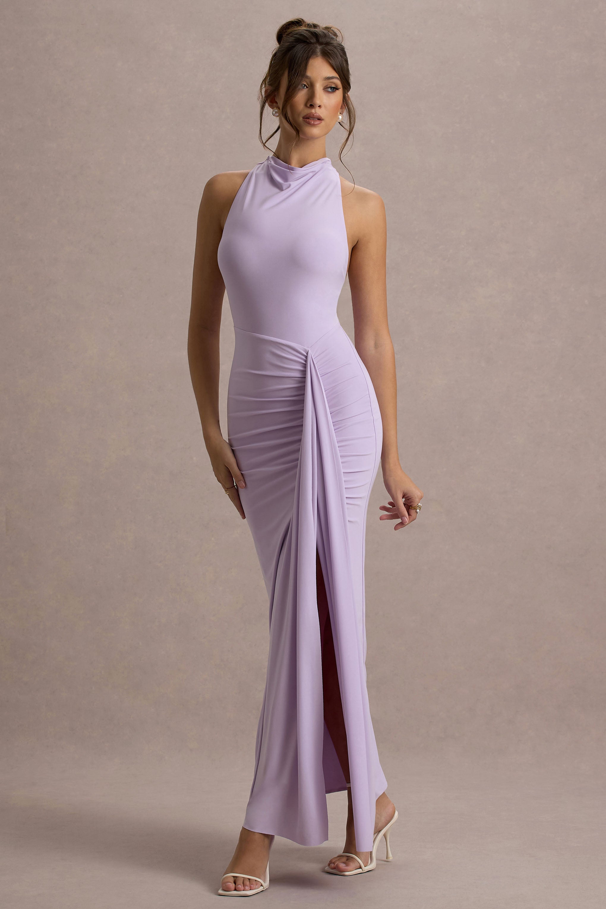 Sunflower | Robe longue lilas à décolleté haut froncé avec fente