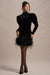 Issa | Robe noire en velours à manches longues avec garniture en plumes