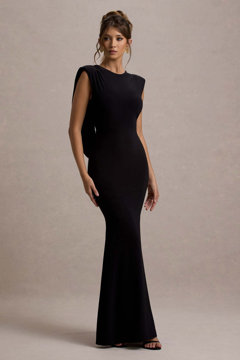 Robe longue femme noire col drapé