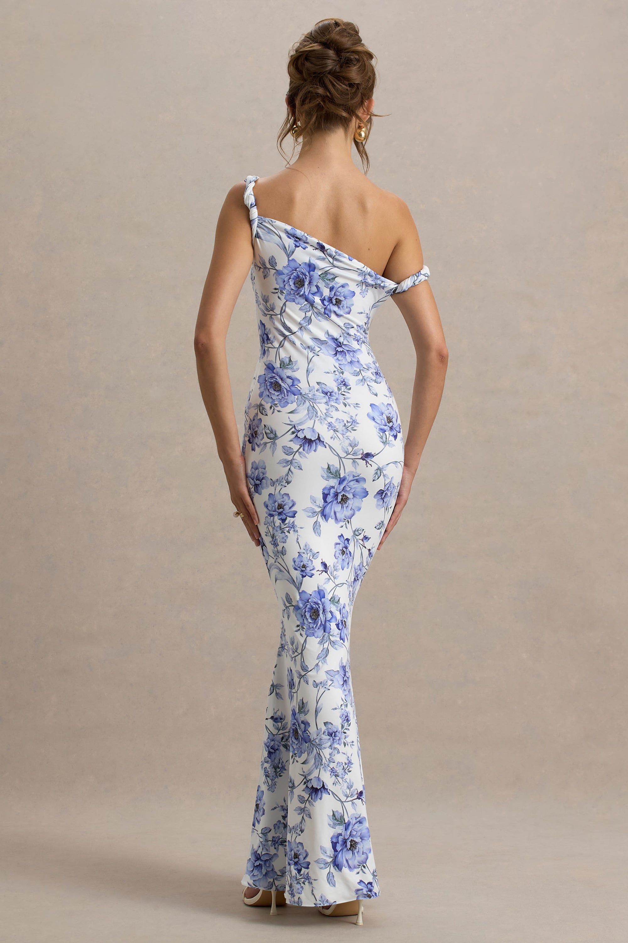 Lita | Robe longue asymétrique torsadée à imprimé floral bleu
