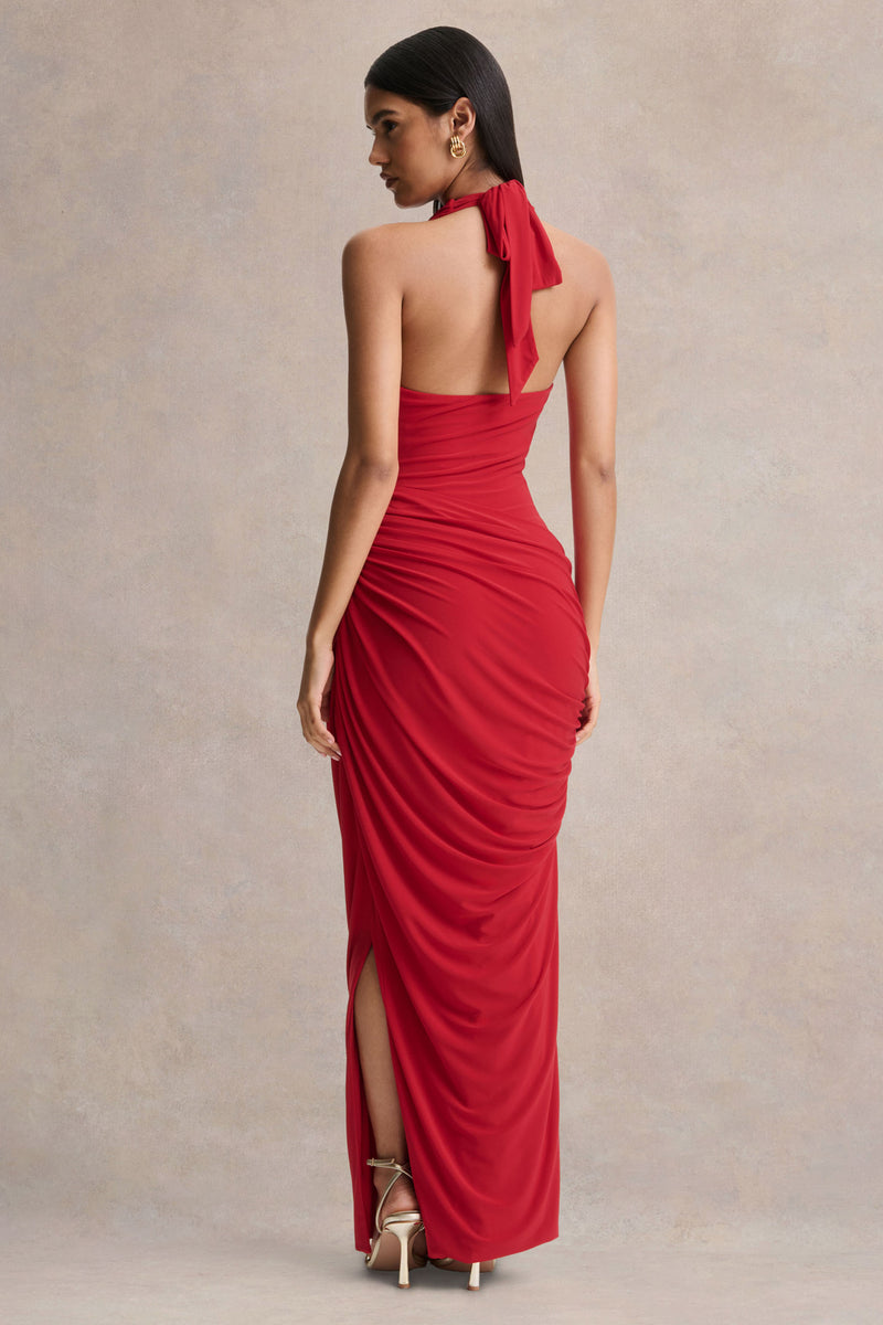 Cairo Robe longue rouge à encolure bénitier avec détails froncés – Club ...