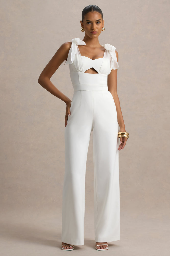 Claudelle – Combinaison blanche à jambes évasées avec bretelles en nœud d’organza Combinaisons mariage The Wedding Explorer