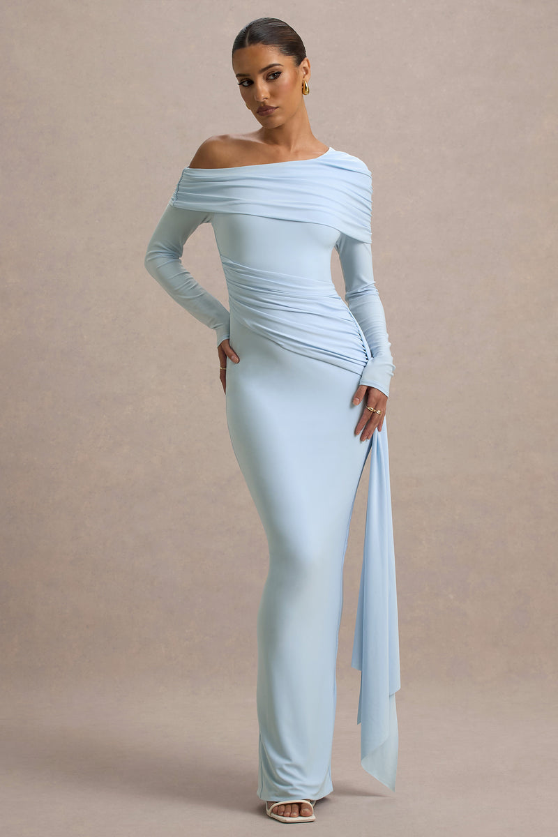 Robe longue femme bleu marine avec franges asymétriques