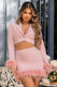 Tempting | Blazer court rose avec bordure en plumes sur les poignets des manches